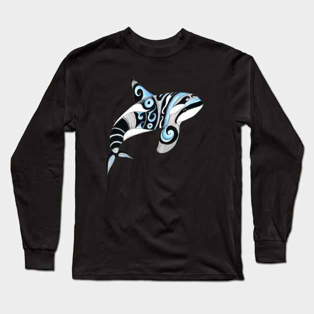 Orca Killer Whale Tribal Tattoo Blue Black Ink Long Sleeve T-Shirt by Seven Sirens Studios